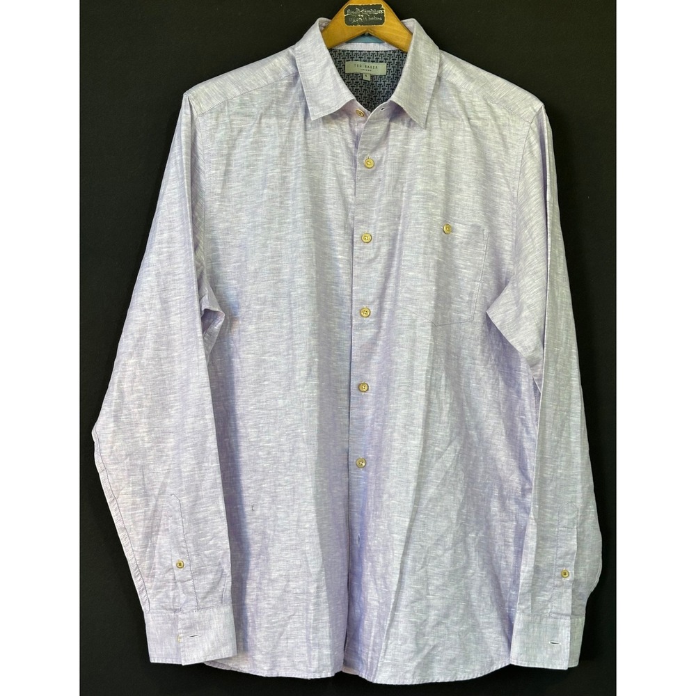 Ted Baker Button Down Slub Linen Blend Shirt Mens S Purple Business Office